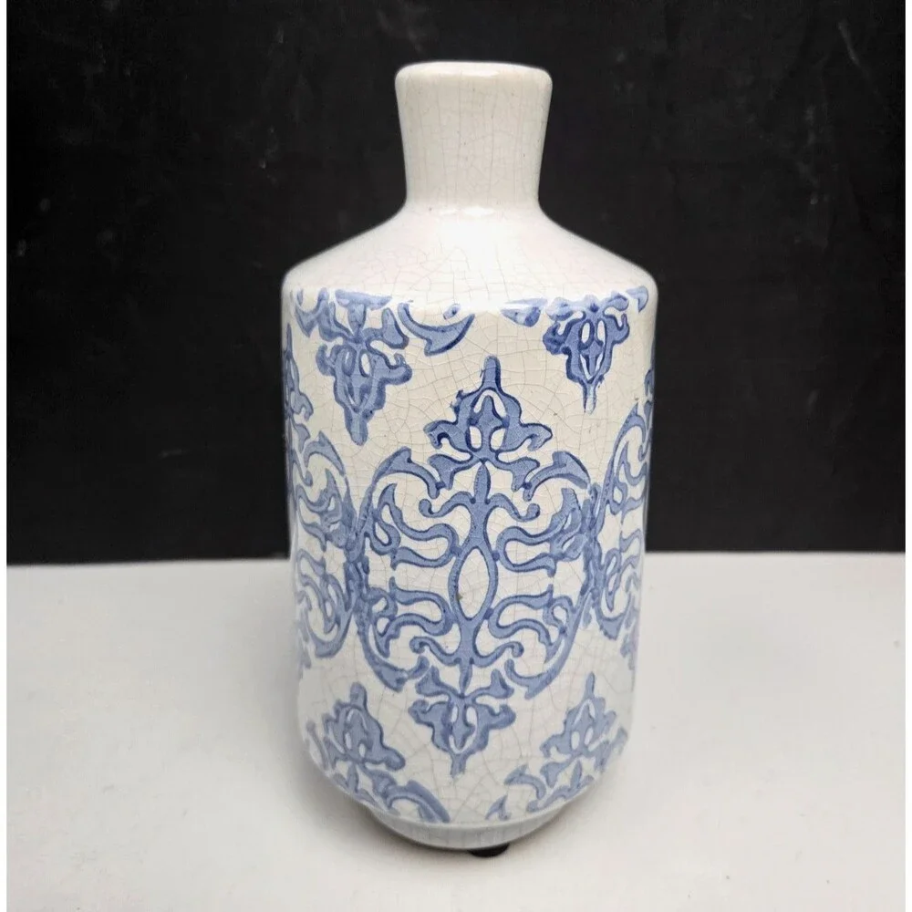 Blue and White Terracotta Vase Distressed Finish Floral Scroll Shabby Chic 7.5" - Picture 2 of 9